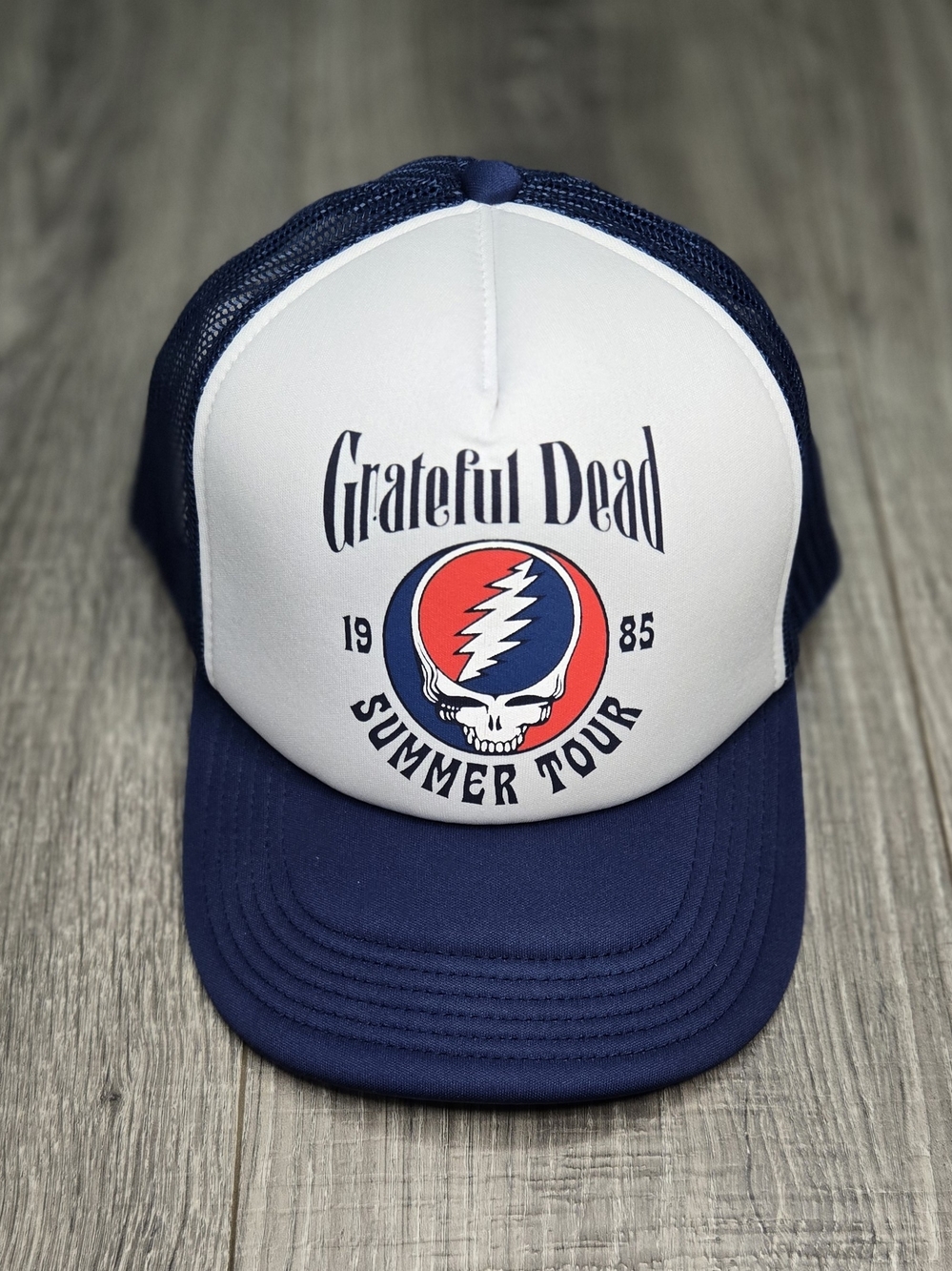 Grateful Dead 1985 Summer Tour Steal Your Face Blue White Mesh Trucker Hat Snap